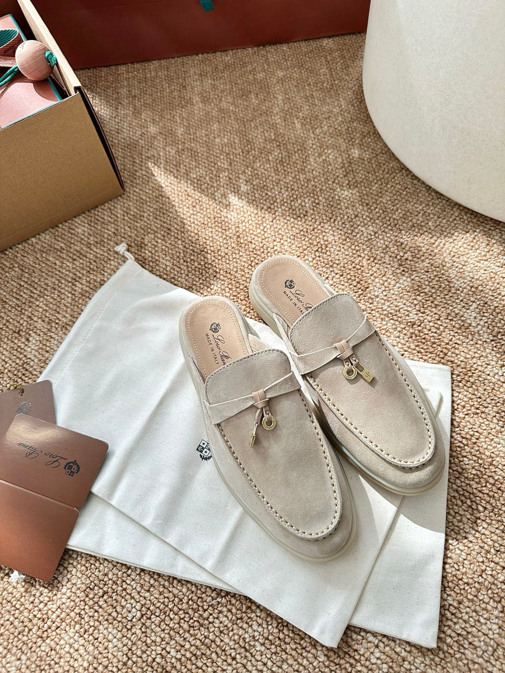 Loro Piana Charms Walk Flat Mules Apricot Suede 623556