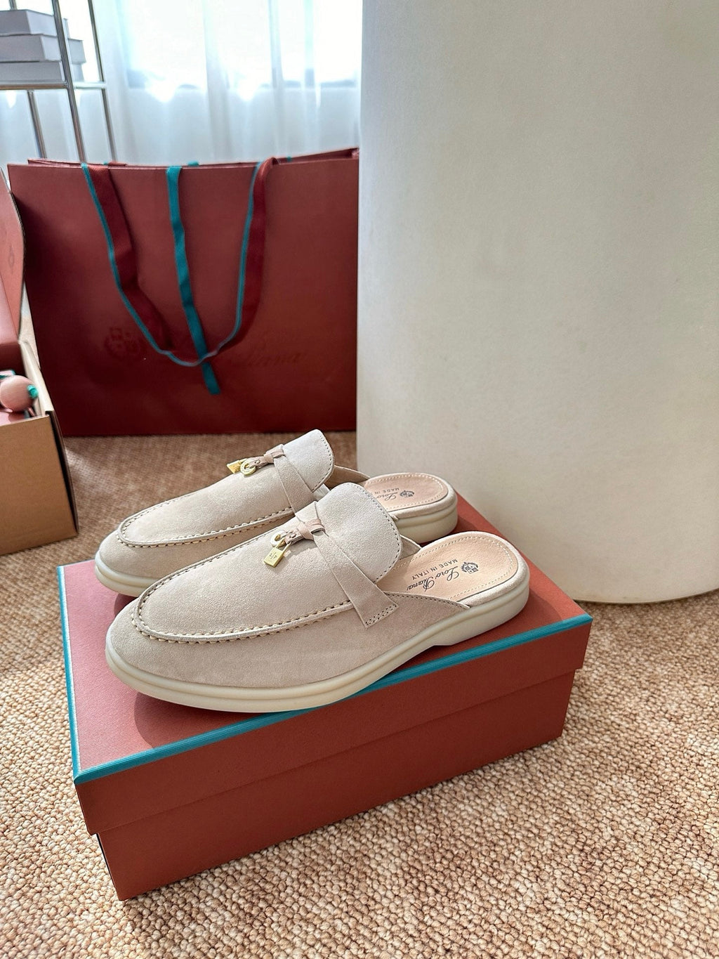 Loro Piana Charms Walk Flat Mules Apricot Suede 623556