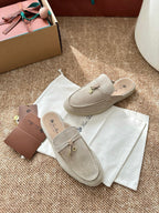 Loro Piana Charms Walk Flat Mules Apricot Suede 623556