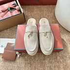 Loro Piana Charms Walk Flat Mules Apricot Suede 623556
