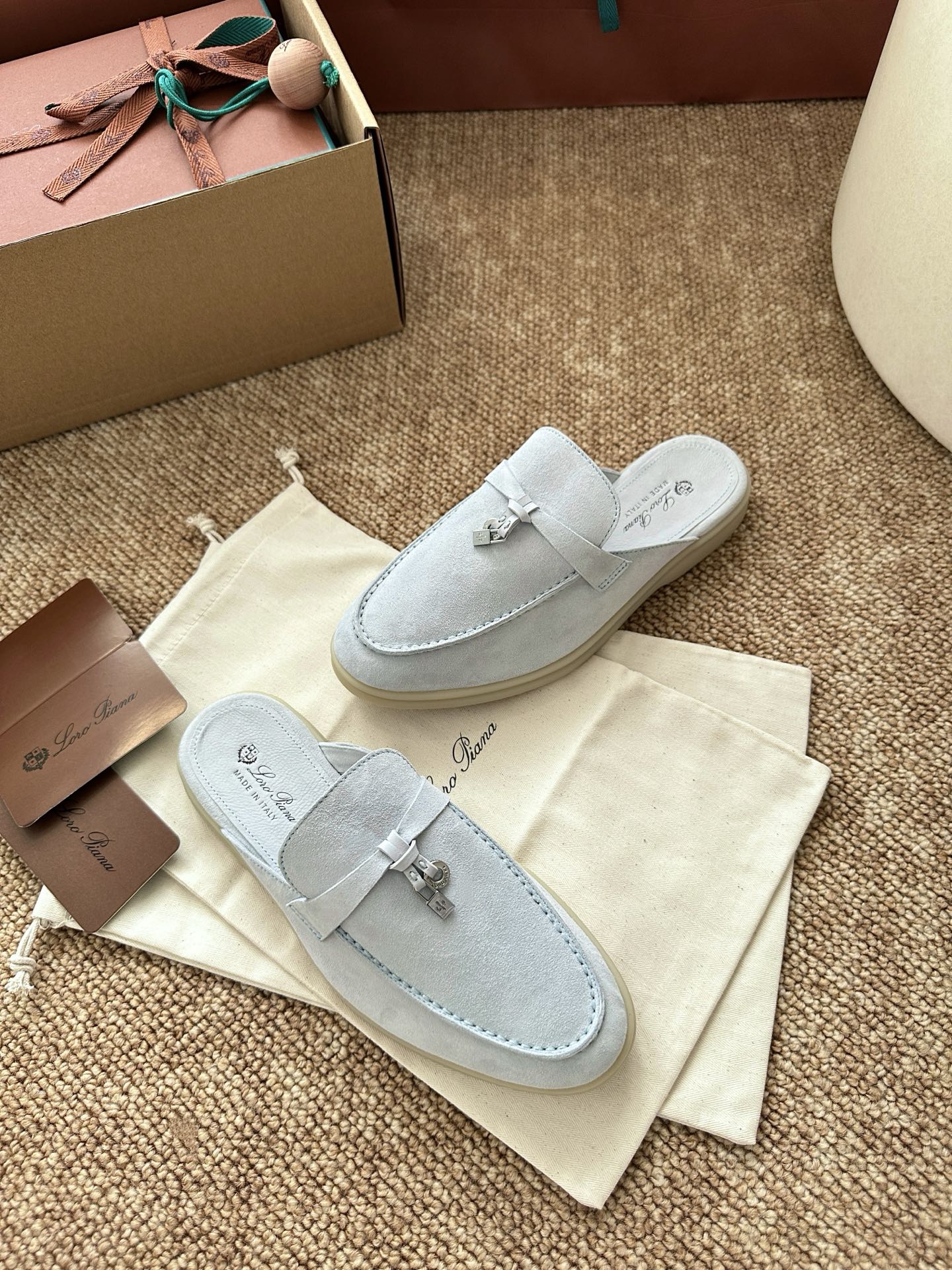 Loro Piana Charms Walk Flat Mules Water Blue Suede 623557