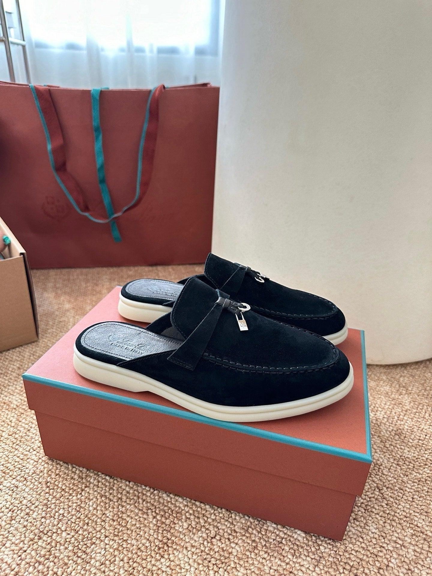 Loro Piana Charms Walk Flat Mules Black Suede 623558