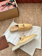 Loro Piana Charms Walk Flat Mules Saffron Tea Suede 623559