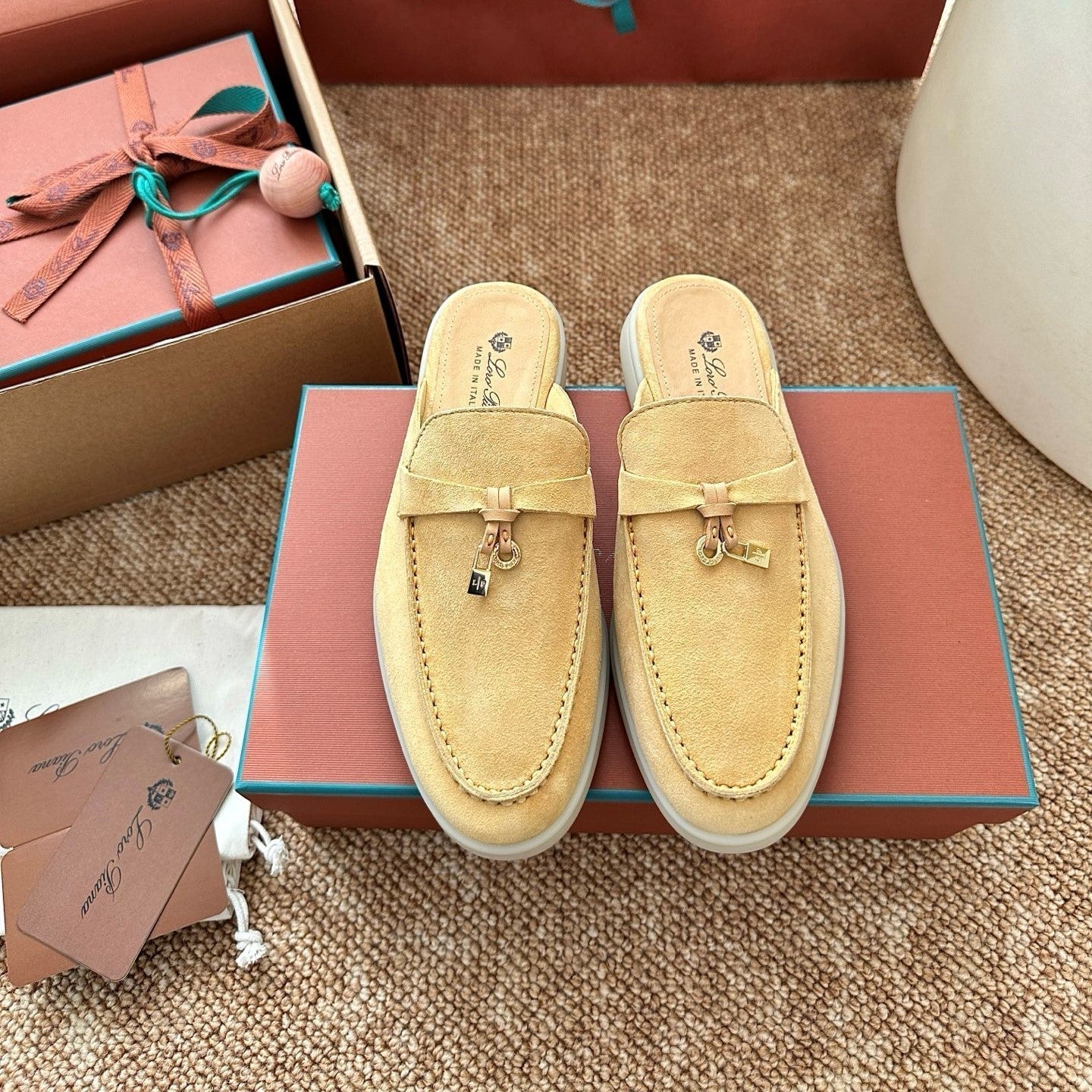 Loro Piana Charms Walk Flat Mules Saffron Tea Suede 623559