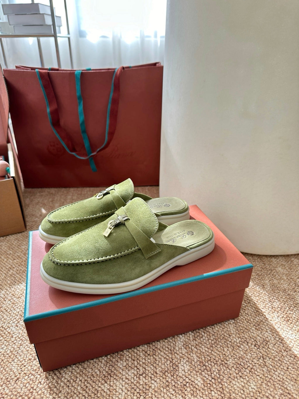 Loro Piana Charms Walk Flat Mules Olive Green Suede 623441