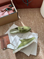 Loro Piana Charms Walk Flat Mules Olive Green Suede 623441