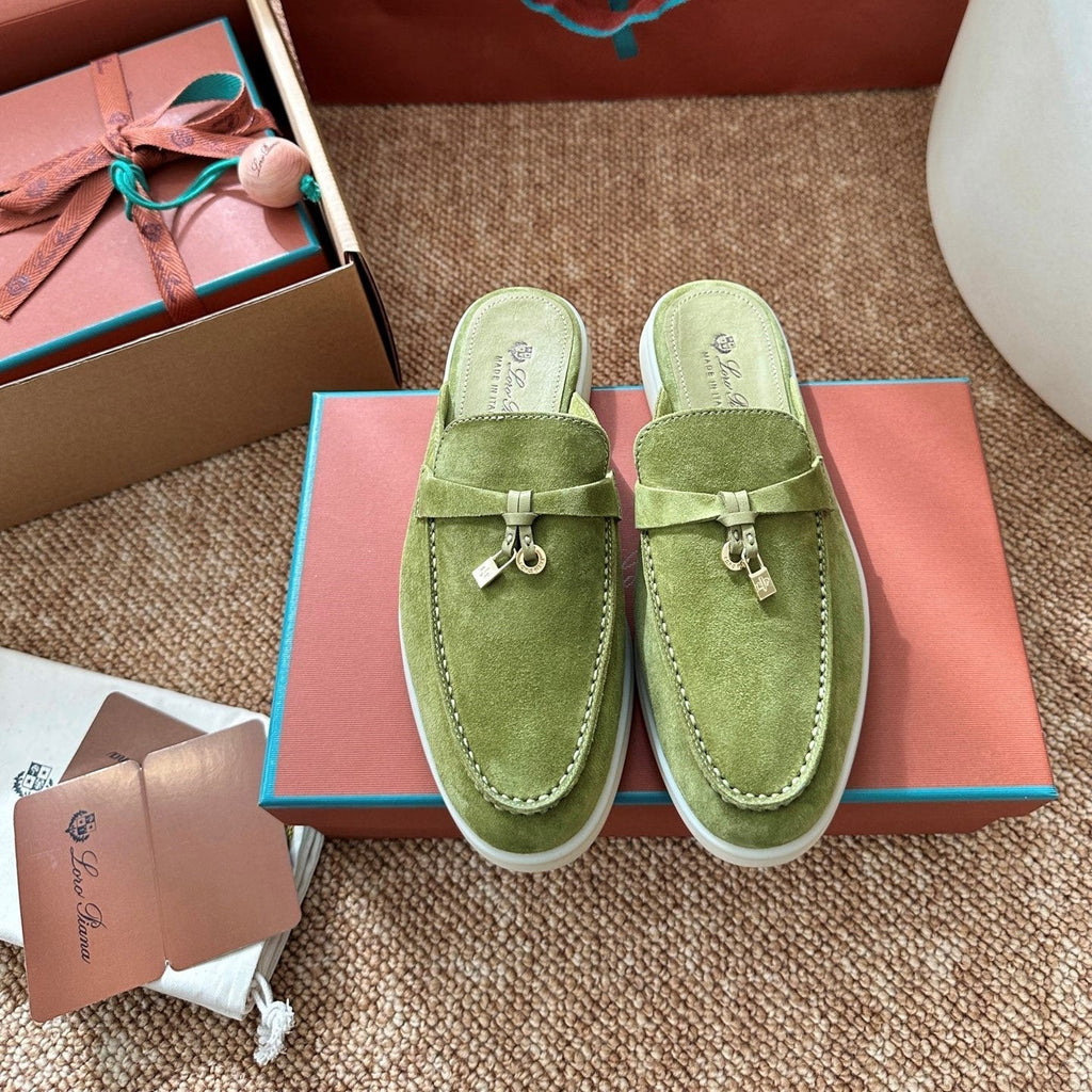 Loro Piana Charms Walk Flat Mules Olive Green Suede 623441