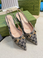 GC Horsebit Slingback Pump 10mm Beige mix Blue Canvas Sheepskin 294553