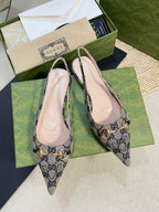 GC Horsebit Slingback Pump 10mm Beige mix Blue Canvas Sheepskin 294553
