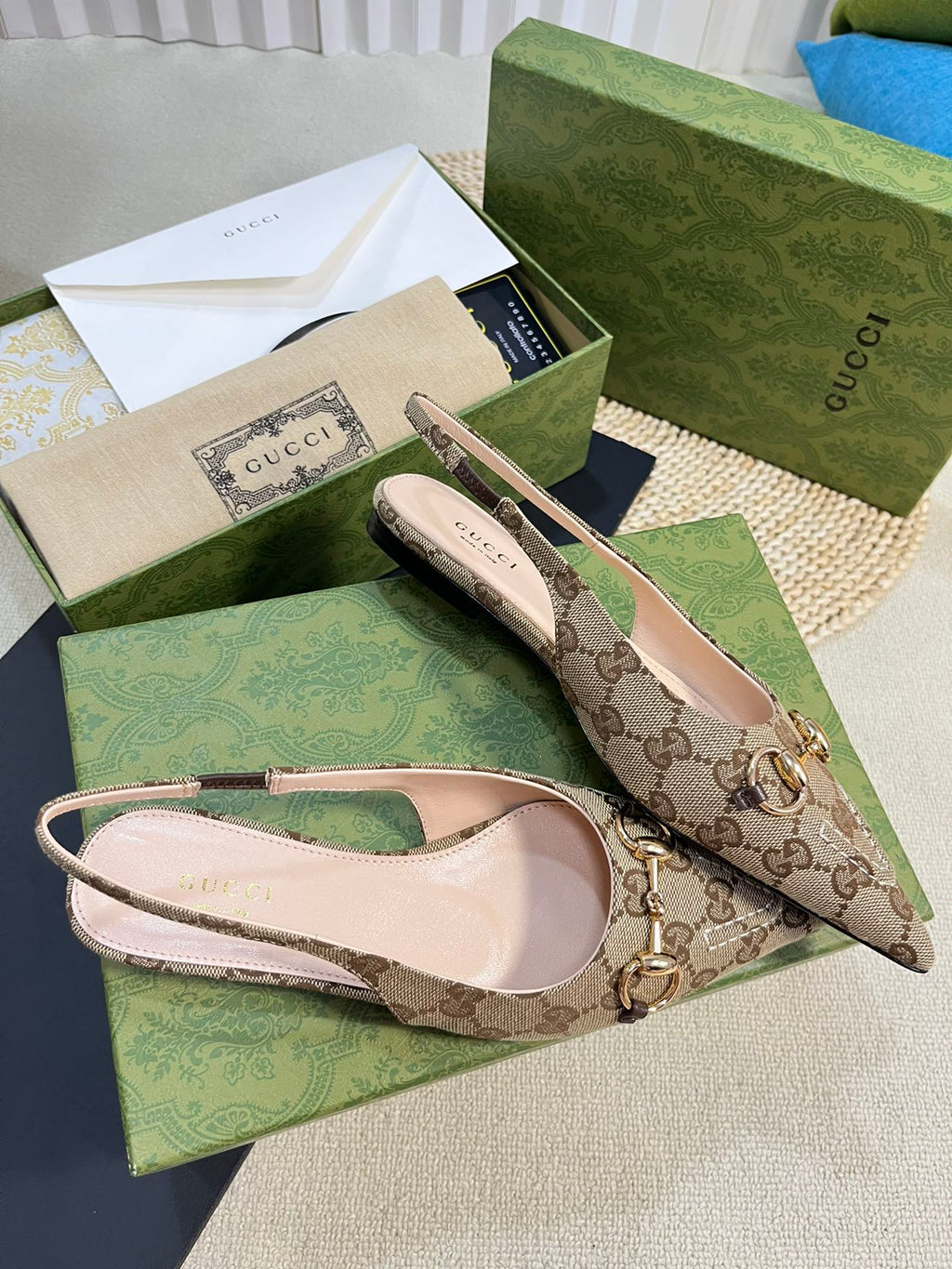 GC Horsebit Slingback Pump 10mm Beige mix Brown Canvas Sheepskin 294554
