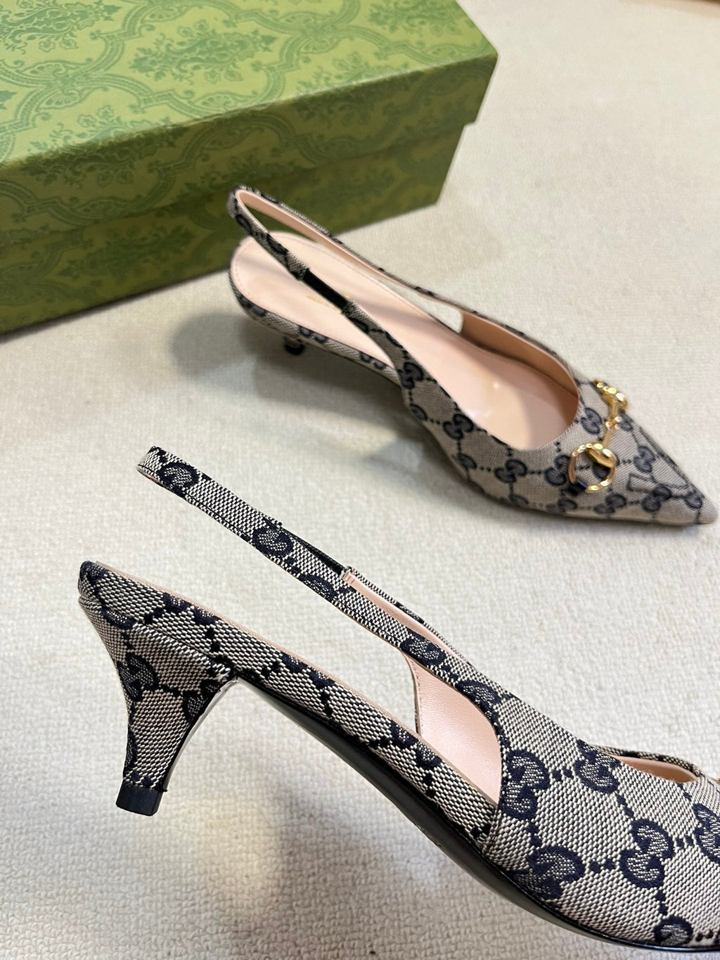 GC Horsebit Slingback Pump 50mm Beige mix Blue Canvas Sheepskin 294559