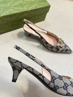 GC Horsebit Slingback Pump 50mm Beige mix Blue Canvas Sheepskin 294559