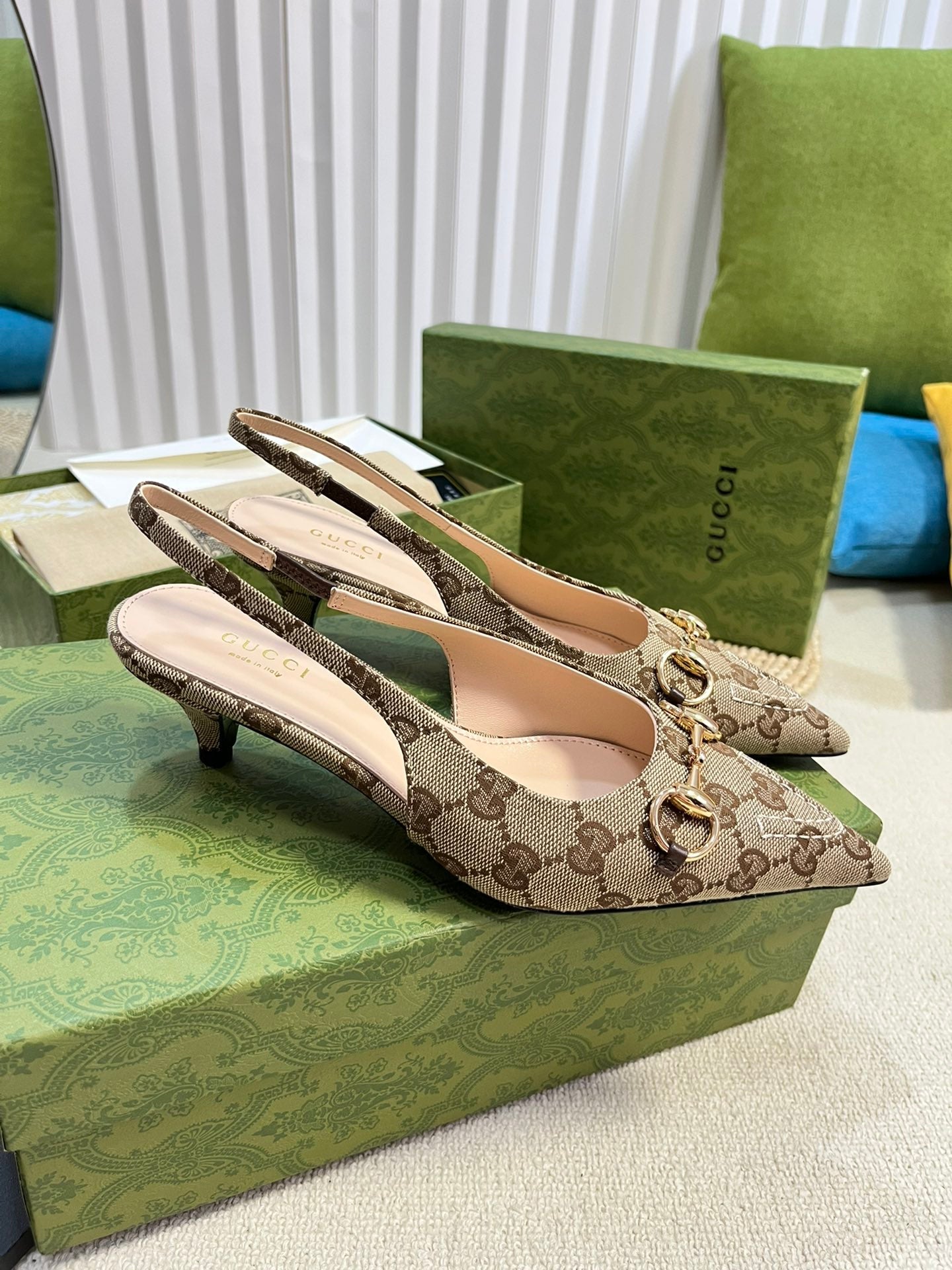 GC Horsebit Slingback Pump 50mm Beige mix Brown Canvas Sheepskin 294560