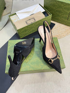 GC Horsebit Slingback Pump 100mm Black Canvas Sheepskin 294564