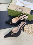 GC Horsebit Slingback Pump 100mm Black Canvas Sheepskin 294564