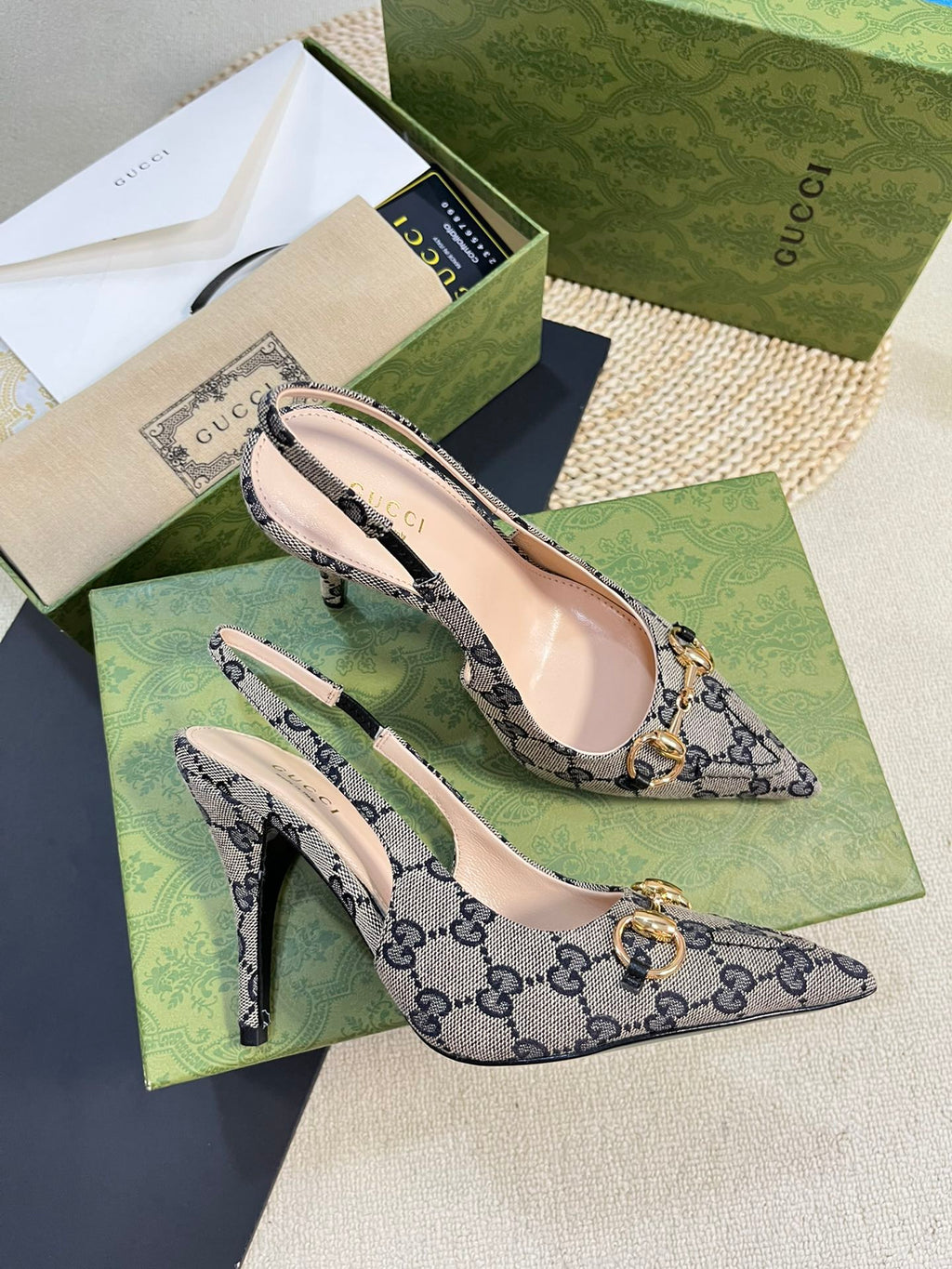 GC Horsebit Slingback Pump 100mm Beige mix Blue Canvas Sheepskin 294565