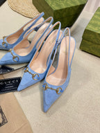 GC Horsebit Slingback Pump 100mm Blue Canvas Sheepskin 294550