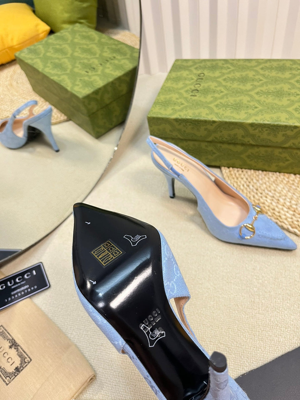 GC Horsebit Slingback Pump 100mm Blue Canvas Sheepskin 294550