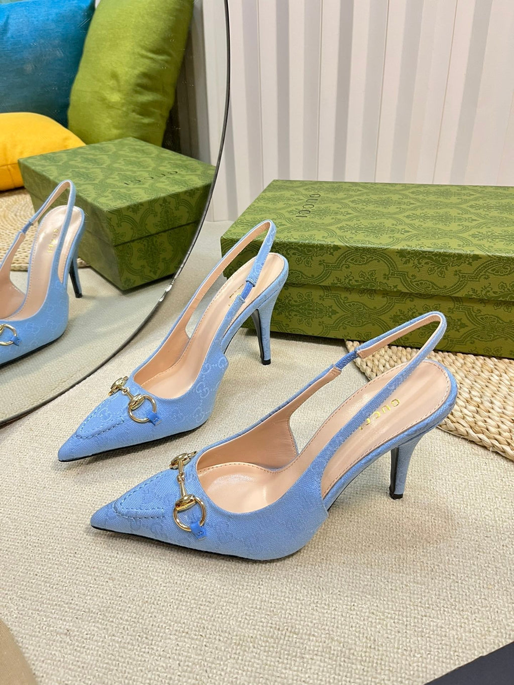 GC Horsebit Slingback Pump 100mm Blue Canvas Sheepskin 294550