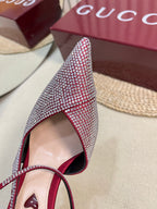 HIGH SLINGBACK 10 CM IN CHERRY RED SILK WITH FULL RHINSTONES
