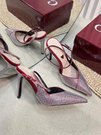 HIGH SLINGBACK 10 CM IN CHERRY RED SILK WITH FULL RHINSTONES