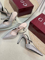 HIGH SLINGBACK 10 CM IN BEIGE SILK WITH FULL RHINSTONES