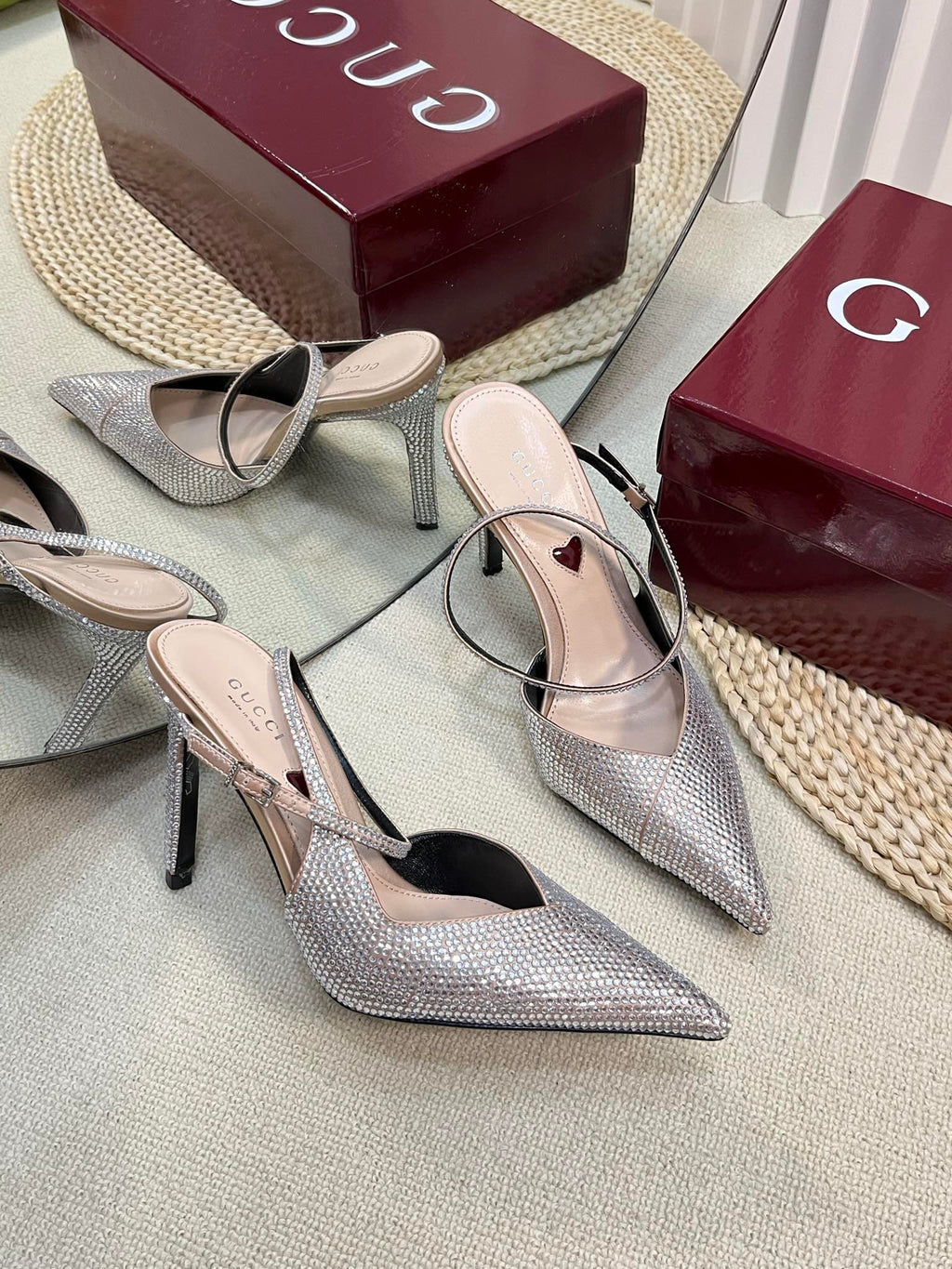 GC Crystal-Embellished Slingbacks Silver Silk Sheepskin 294610