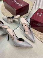 GC Crystal-Embellished Slingbacks Silver Silk Sheepskin 294610