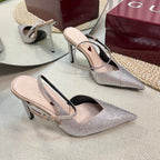 HIGH SLINGBACK 10 CM IN BEIGE SILK WITH FULL RHINSTONES