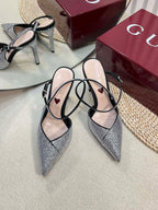 HIGH SLINGBACK 10 CM IN BLACK SILK WITH FULL RHINSTONES
