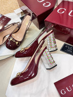 GC Horsebit Slingback with Crystal 95mm Rosso Ancora red Patent Leather 294596