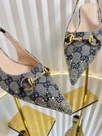 GC Crystal Horsebit Slingback 10mm Beige mix Blue Canvas lambskin 294613