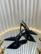 GC 2025 Crystal Embellished High Heels Slingbacks Black Silk Sheepskin 294523