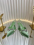 GC 2025 Crystal Embellished 55mm High Heels Slingbacks Green Silk Sheepskin 294528