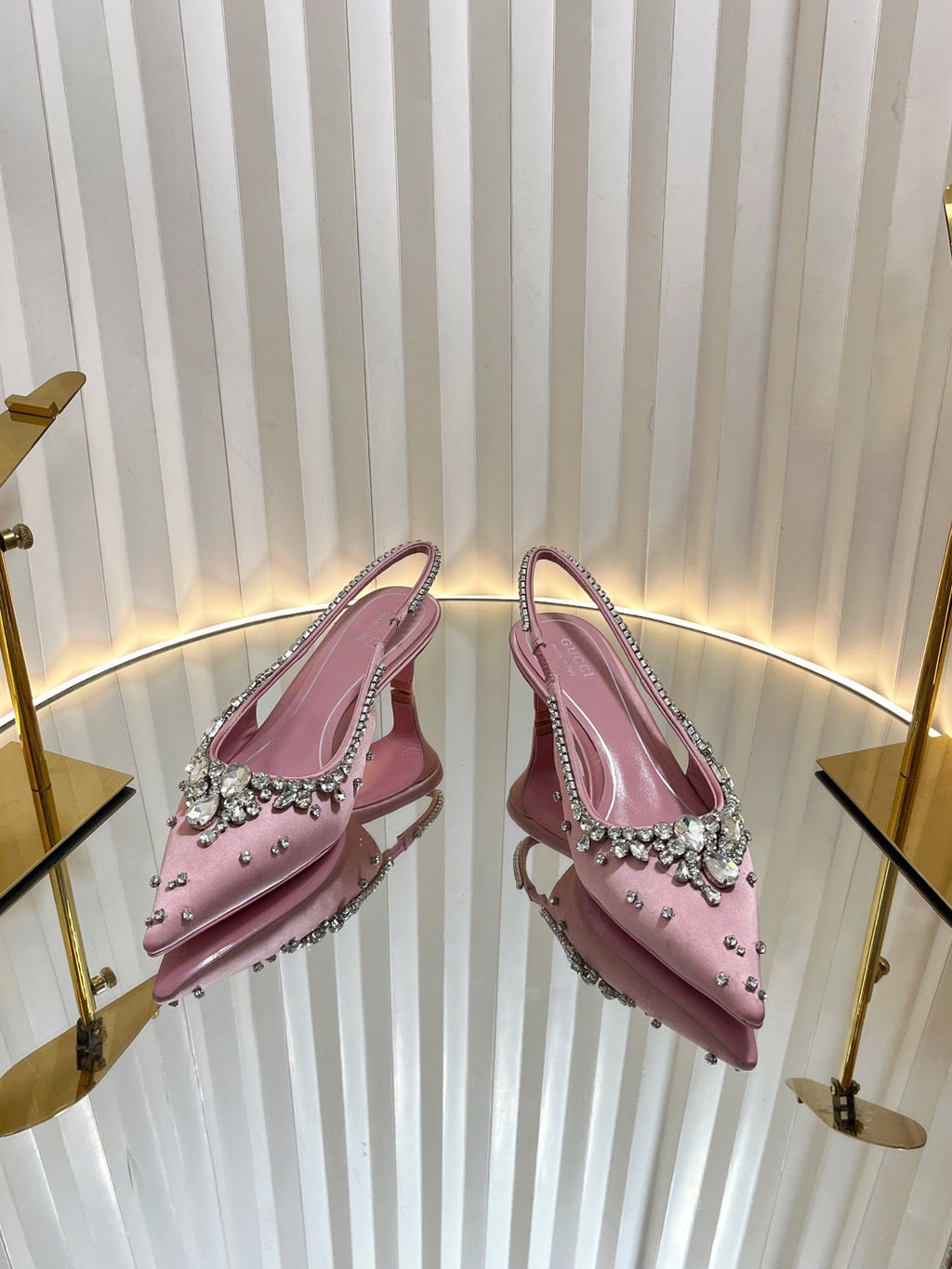 GC 2025 Crystal Embellished 55mm High Heels Slingbacks Pink Silk Sheepskin 294527