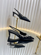 GC 2025 Crystal Embellished 55mm High Heels Slingbacks Black Silk Sheepskin 294526