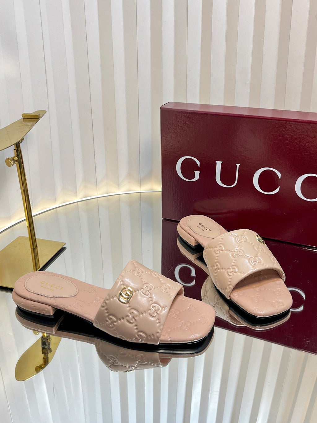 GC Double G Slide Sandals Nude Embossed Leather 294632