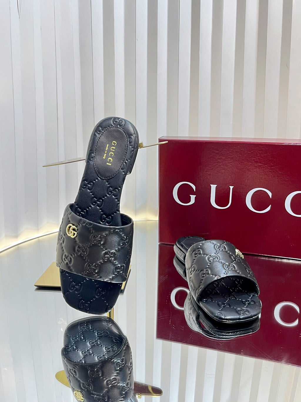GC Double G Slide Sandals Black Embossed Leather 294636