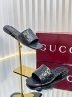 GC Double G Slide Sandals Black Embossed Leather 294636