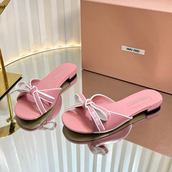 Miu 26s Bow Slippers Pink Leather 768203