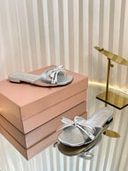 Miu 26s Bow Slippers Sliver Leather 768204