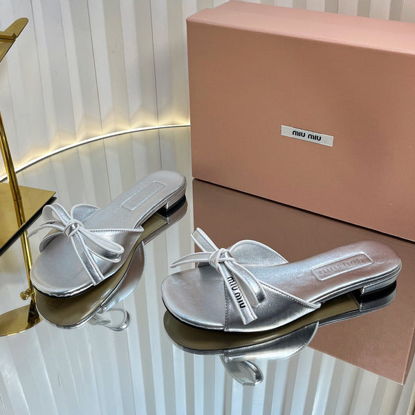 Miu 26s Bow Slippers Sliver Leather 768204