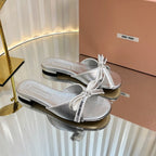 Miu 26s Bow Slippers Sliver Leather 768204