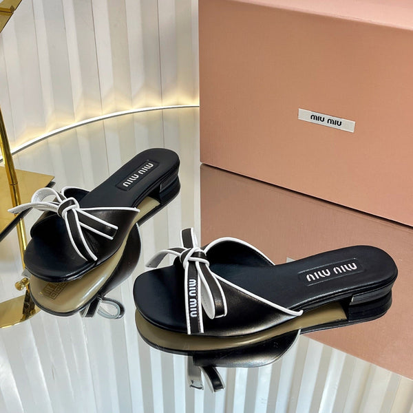 Miu 26s Bow Slippers Black Leather 768206