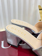 GC 25 Interlocking G Heeled Sandal Silver Patent Leather 294641