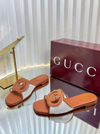 GC 25 Interlocking G Slide Sandal Brown Canvas Cowhide 294645
