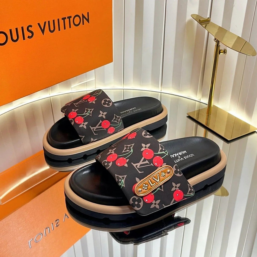 LV 26s Slippers Black Red Fabric Sheepskin 616350