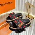 LV 26s Slippers Black Red Fabric Sheepskin 616350