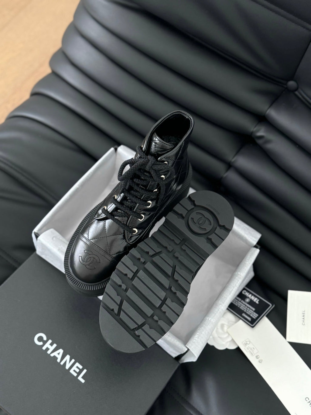 cc ankle boots black quilted patent lambskin