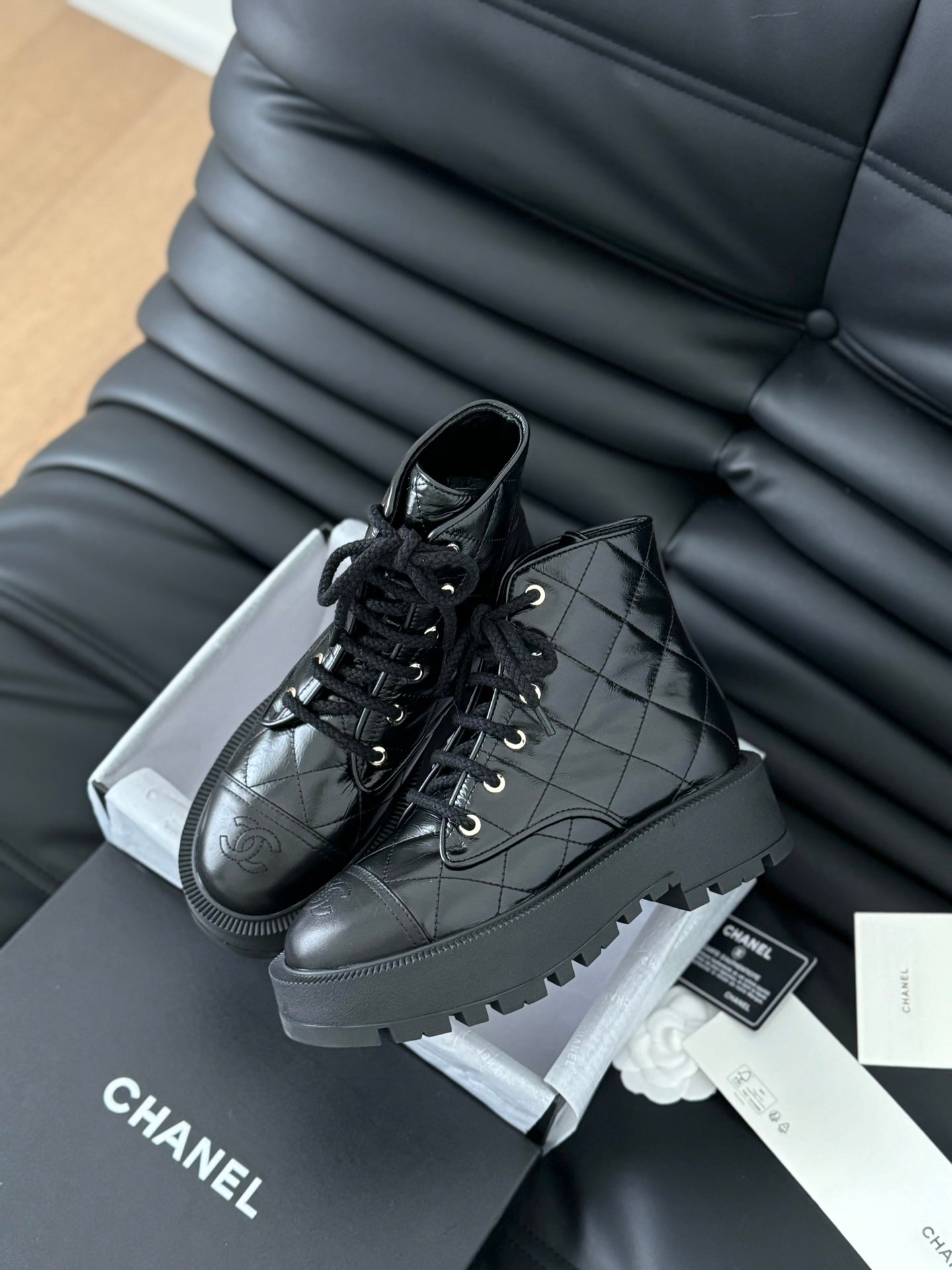 cc ankle boots black quilted patent lambskin